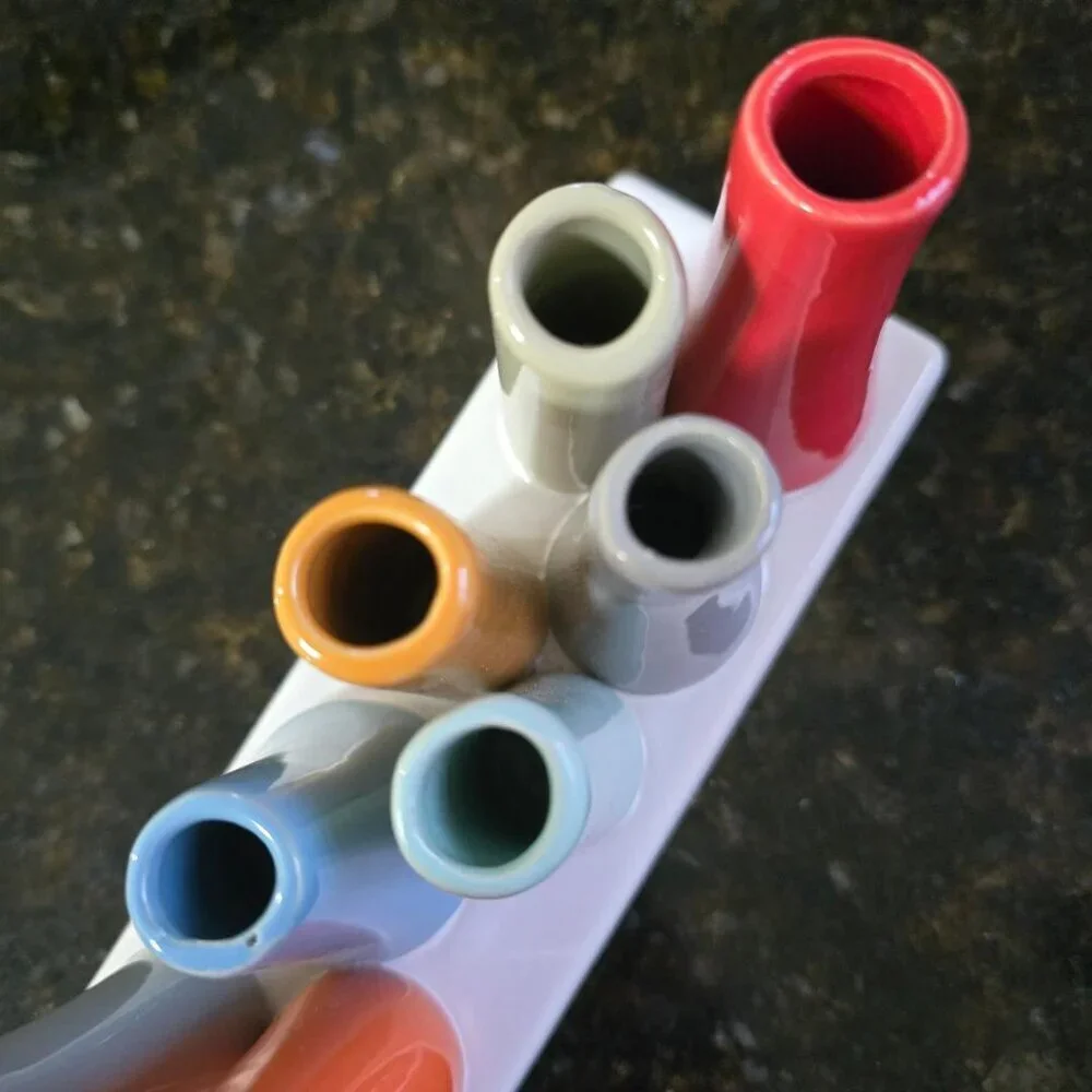 Chive Pooley ceramic bud free stand vase featuring 8 colorful tubes 7.5x3x4.5